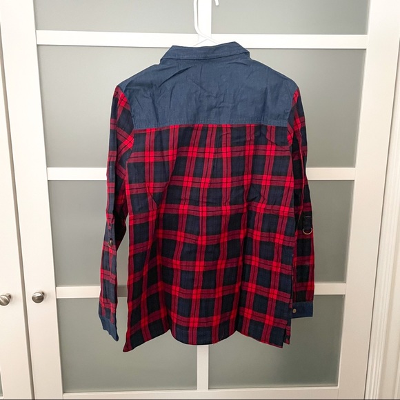Plaid and Denim Button Down Long Sleeve Top - Picture 2 of 3